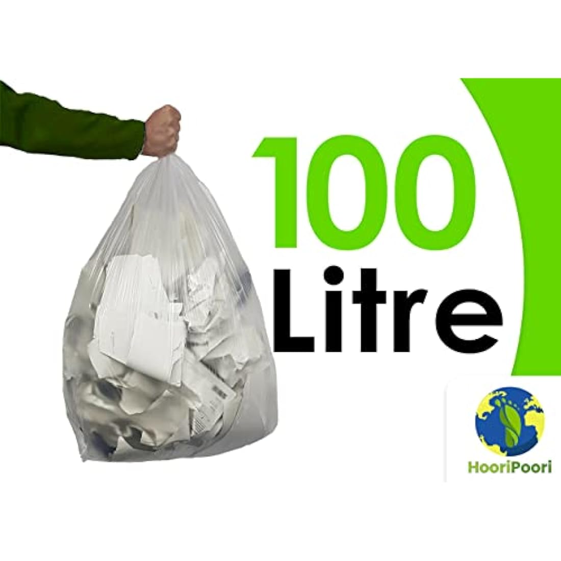 HooriPoori 100L 40 extra large Strong Clear Recycling Bags, 35 μm Strong Leak Tear Resistant, Transparent Bin Liners, See through heavy duty bin bag, Refuse Sacks 100% Recycled Material & Eco Friendly