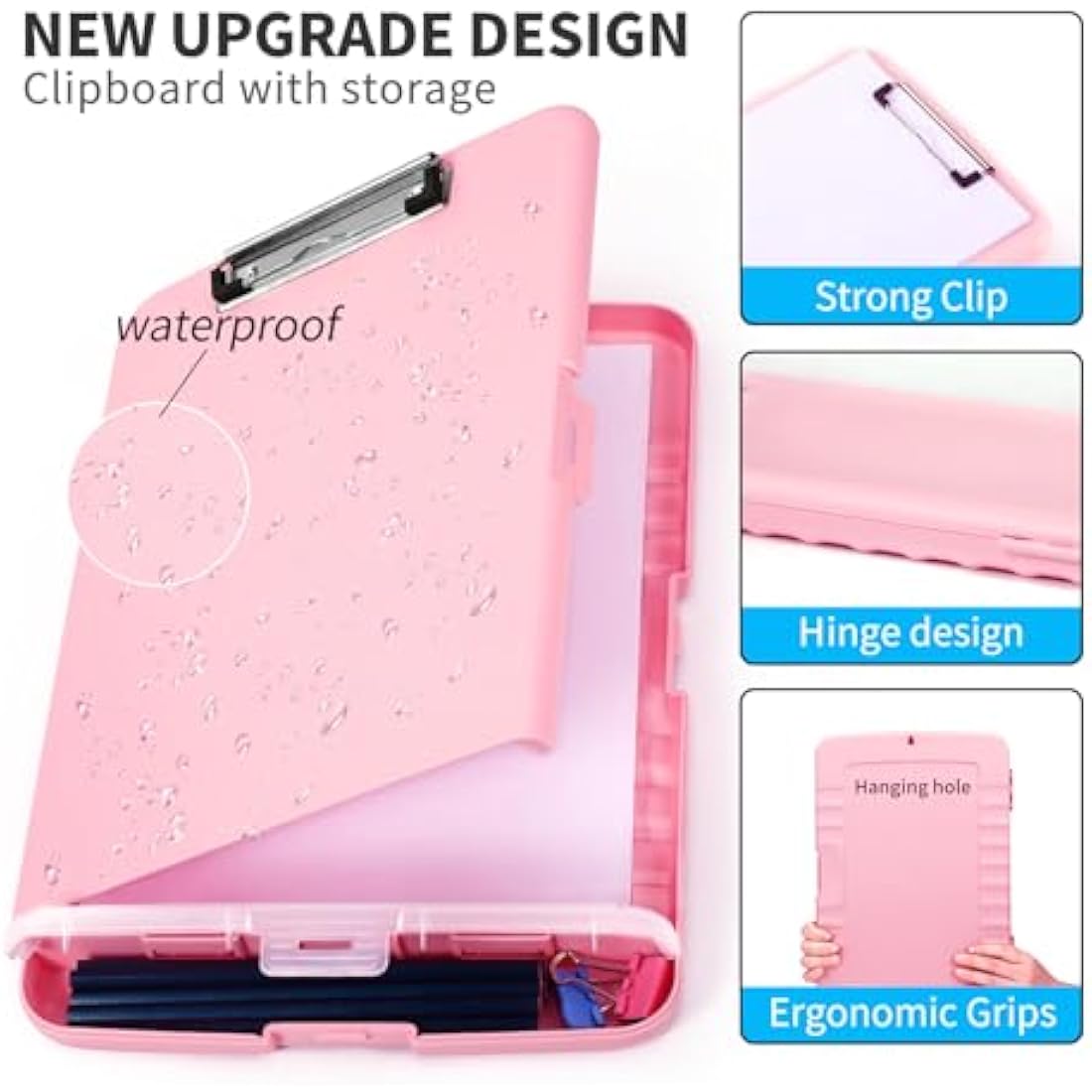 DMFLY Clipboard with Storage, Heavy Duty Clip Boards with Pen Holder, A4 Plastic Clipboards with Compartment, Holds 6+ Pencils and 200+ Sheets, Strong Clipboards with Low Profile Clip, Great for Work