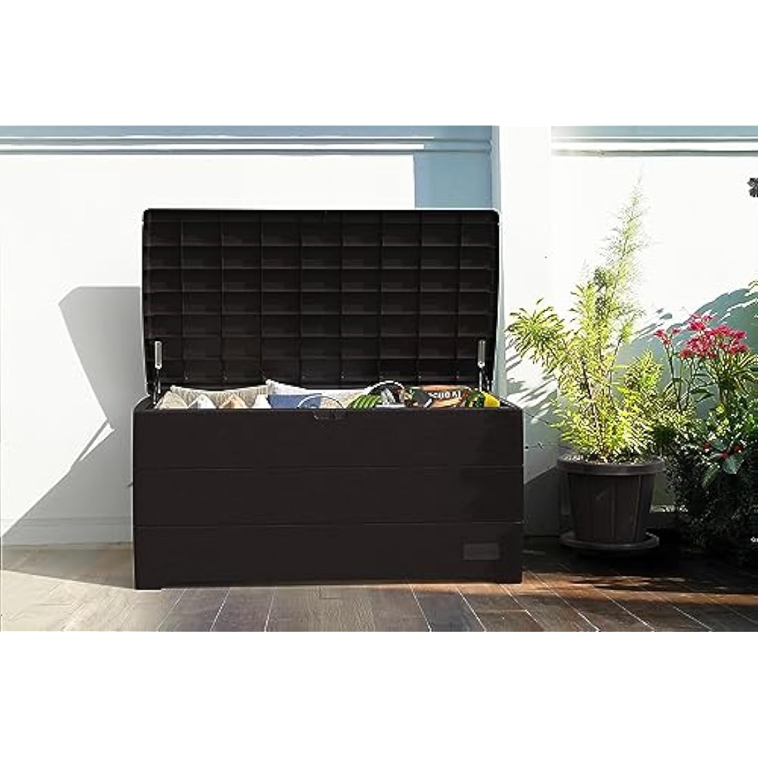 Duramax Cedargrain Durabox 416 Litre/ 110 Gallons, Outdoor Plastic Deck Box and Garden Furniture Organizer, Woodgrain Texture, Lockable Plastic Cushion Box with gas cylinder, Dark Brown