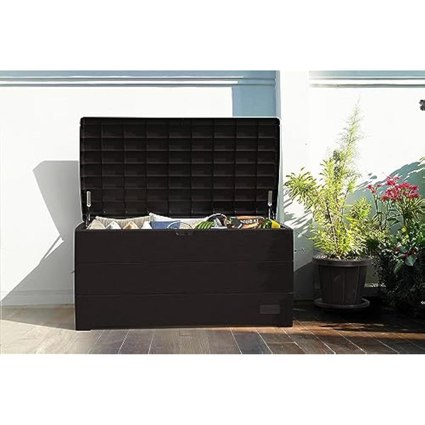 Duramax Cedargrain Durabox 416 Litre/ 110 Gallons, Outdoor Plastic Deck Box and Garden Furniture Organizer, Woodgrain Texture, Lockable Plastic Cushion Box with gas cylinder, Dark Brown