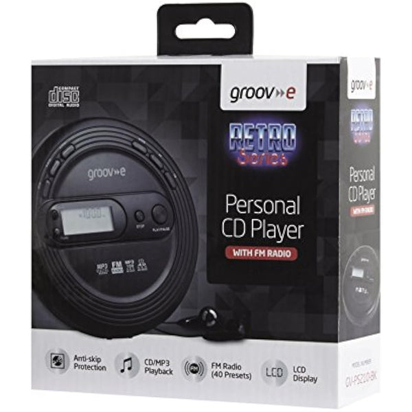 groov e RETRO Radio CD Player - Personal FM Radio with CD-R, CD-RW, & MP3 Music Playback - Anti-Skip Protection, Programmable Tracks - Earphones Included - Micro-USB or Battery Powered - Black