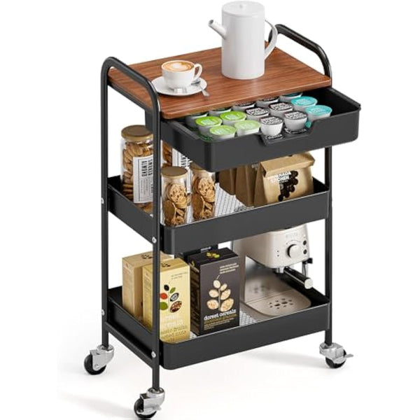 KINGRACK 3-Tier Storage Cart with Tabletop, Multifunctional Metal Cart for Kitchen, Home, Office, Bathroom, Black