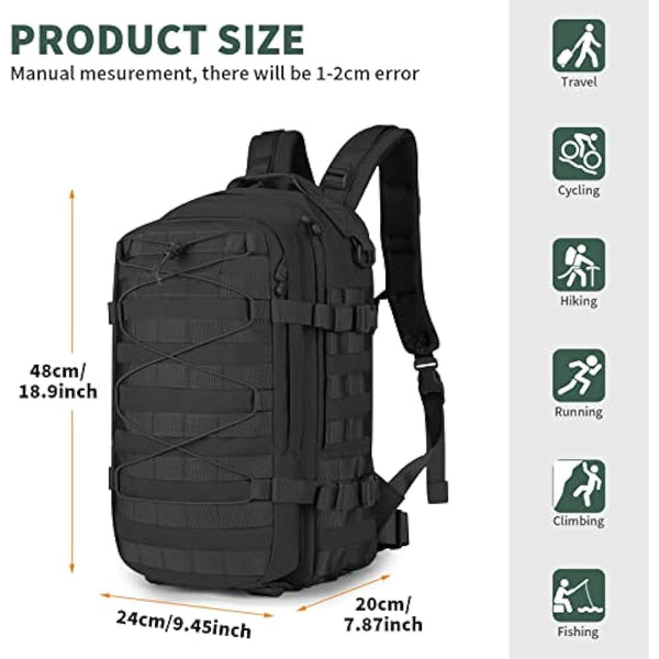 Explokit Tactical Backpack Military Rucksack 25L Molle Army Assault Pack Go Bag Water-repellent for School Travelling Hiking Hunting Camping Trekking (#02-Black)