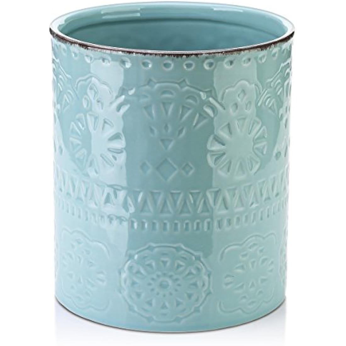 DOWAN Utensil Holder, 7.2 x 6.2 inches Large Kitchen Utensil Holder for Countertop, Ceramic Cutlery Holder, Romantic Relievo Crock, Utensil Caddy, Utensil Organizer, Ice Bucket, Vase, Home Décor-Blue