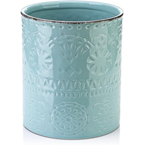 DOWAN Utensil Holder, 7.2 x 6.2 inches Large Kitchen Utensil Holder for Countertop, Ceramic Cutlery Holder, Romantic Relievo Crock, Utensil Caddy, Utensil Organizer, Ice Bucket, Vase, Home Décor-Blue