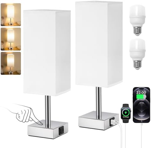 Aooshine Touch Control Bedside Lamps Set of 2, 3-Way Dimmable Table Lamp with USB-C+A Charging Ports, Bed Side Lamps for Bedroom with White Fabric Shade(Bulbs Included)