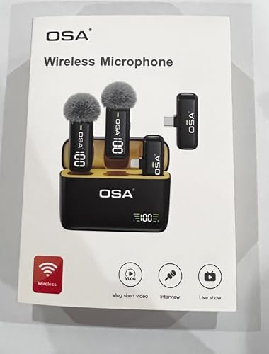 OSA Wireless Microphone for iPhone iPad with Smart Charge Case and Digital Display, 40H Clip on Wireless Lavalier Microphone with Noise Reduction for Video Recording, Plug & Play (2 Mic, 2 Recive)