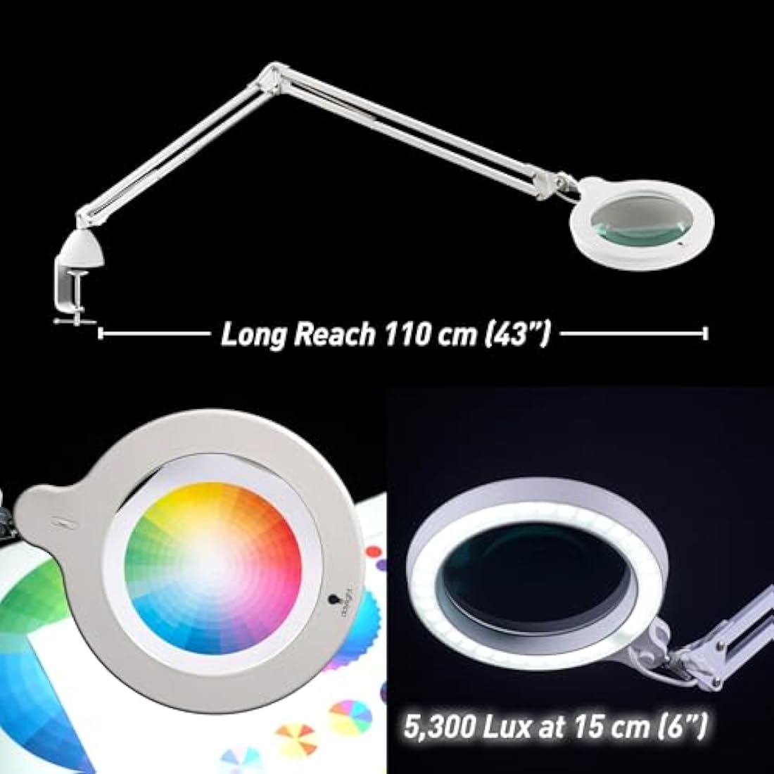 Magnifying Lamp S - Clip On Magnifier Lamp for Nail Salons, Tattoo Artists, Reading & Detailed Work - Dimmable Mag, White