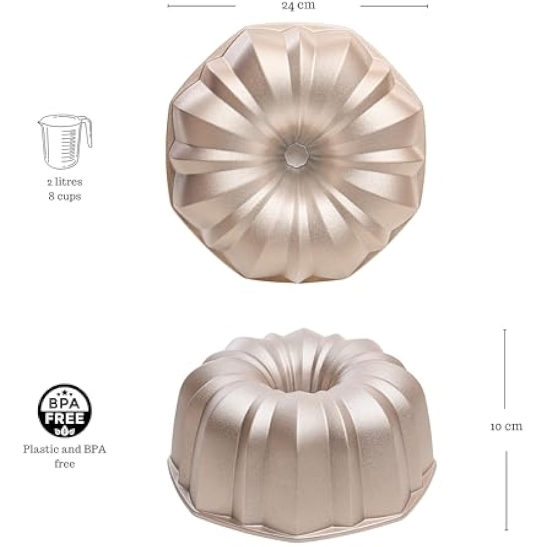 Erreke Cake Tin, Fluted Cake Tin, Ring Cake Mould, Cook Evenly, Double Non Stick Layer, Highly Durable Cast Aluminium, Rose Gold, 24cm Diameter, 2.0 Liter Capacity, Cake Mould, Flow