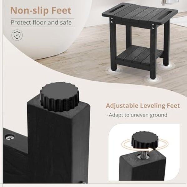 LUE BONA HDPS Shower Benches,Shower Stool for Shaving Legs with Shelf,Waterproof Bath Chair Seat for Bathroom,Weather Resistant/Non-Slip/Handles/Indoor or Outdoor Use,Black