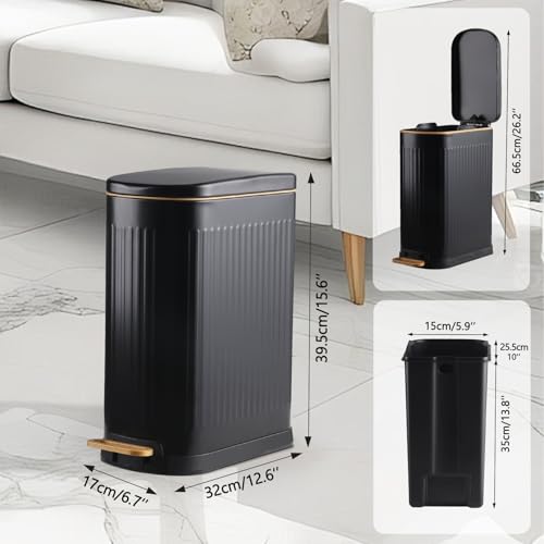 ELPHECO Slim Bathroom Trash Can Foot-Operated Stainless Steel Garbage Can with Soft Close Lid Step Trash Bin with Removable Inner Bucket for Bedroom, Office, Kitchen (Matt Black, 3.5 Gallons)