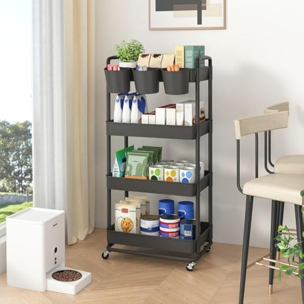 JIUYOTREE 4-Tier Plastic Rolling Storage Cart Utility Cart with Extra Hanging Cups Handles Lockable Wheels for Living Room Bathroom Kitchen Office Black