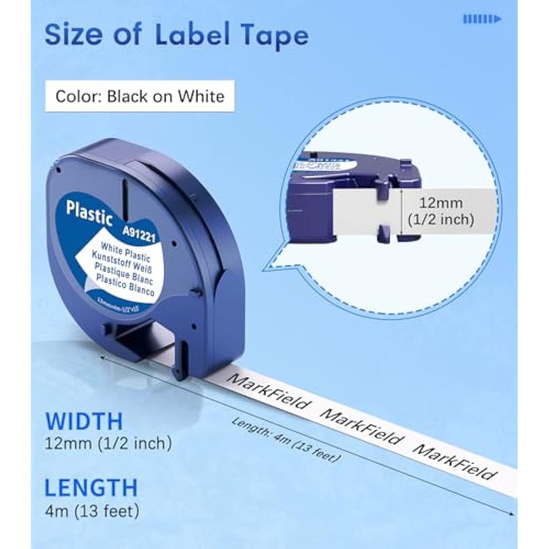 5-Pack MarkField Label Tape Replacement for Dymo Letratag Tape Plastic White 12mm x 4m S0721610, Compatible with Dymo Label Printer LT-110T LT-100H LT-100T QX50 XR XM