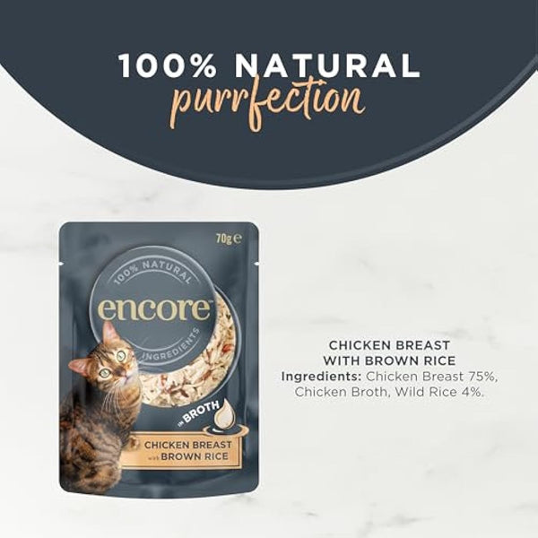 Encore 100 Percent Natural Cat Food, Pouch Chicken & Brown Rice in Broth 70g (16 x 70g Pouches)