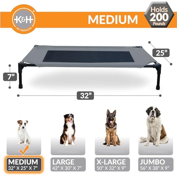 K&H Pet Products Cooling Elevated Dog Bed Outdoor Raised Cot with Washable Breathable Mesh, No-Slip Rubber Feet, Portable Cot Indoor Outdoor, Medium Grey/Black Mesh
