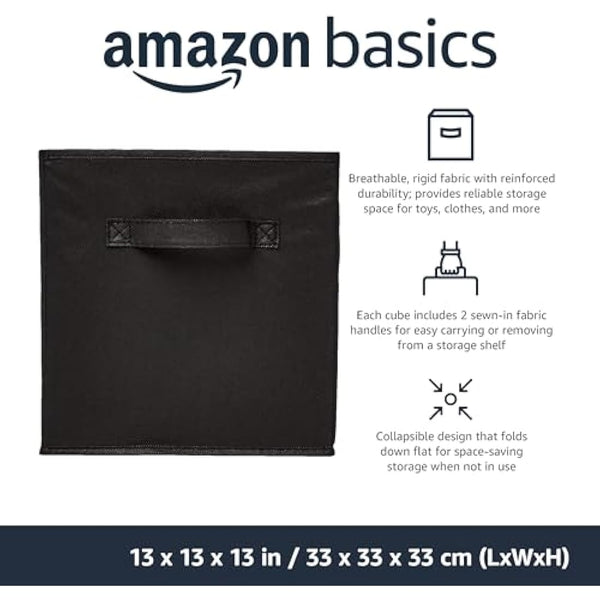 Amazon Basics Collapsible Fabric Storage Cube/Organiser with Handles, Pack of 6, Solid Black, 33 x 33 x 33 cm