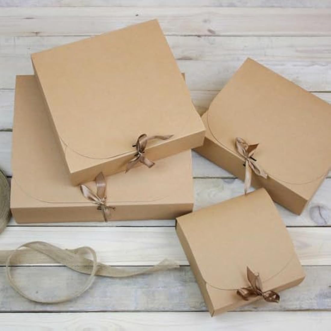 Emartbuy Pack of 12 Rectangle Shaped Presentation Gift Box, 24 cm x 19.5 cm x 7 cm, Easy Assembly, Brown Kraft Box with Bow Ribbon