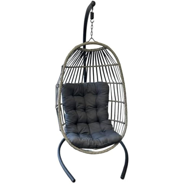 SEDOL Hanging Egg Chair with Stand – Foldable Rattan Swing Chair for Garden, Patio or Balcony – Indoor Outdoor Collapsible Hanging Seat with Cushion – Summer Relaxation Garden Chair (Grey)