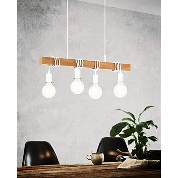 Eglo Townshend Pendant Lamp, 4 Bulbs Vintage Pendant Light in Industrial Design, Retro Hanging Lamp Made of Steel and Wood, Colour: White, Brown, Socket: E27