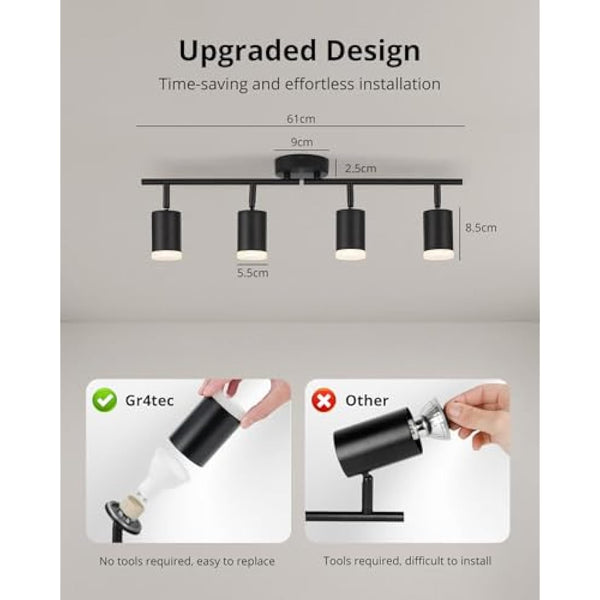 Gr4tec LED Ceiling Spotlight 4 Way, Modern LED Ceiling Light Rotatable, Matte Black Spotlight Bar, GU10 Spot Light Fitting for Kitchen Bedroom Living Room, Bulb Not Included