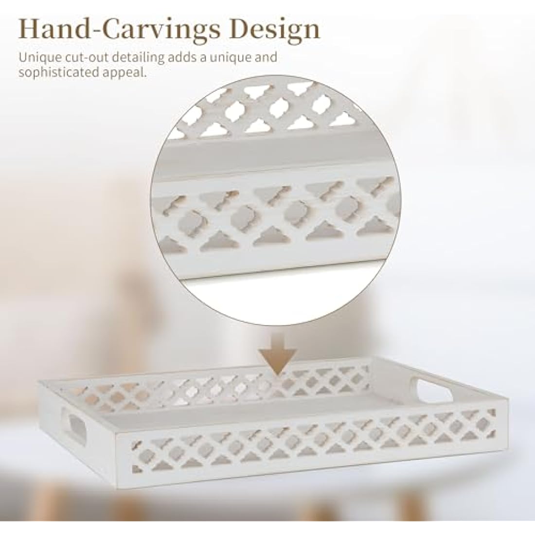 Hanobe Wooden Serving Decorative Tray: White Coffee Table Centerpiece Wood Trays with Handles for Ottoman Rectangle Large Farmhouse Home Decor, Hand Carved