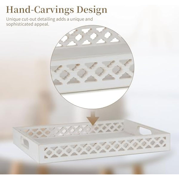 Hanobe Wooden Serving Decorative Tray: White Coffee Table Centerpiece Wood Trays with Handles for Ottoman Rectangle Large Farmhouse Home Decor, Hand Carved