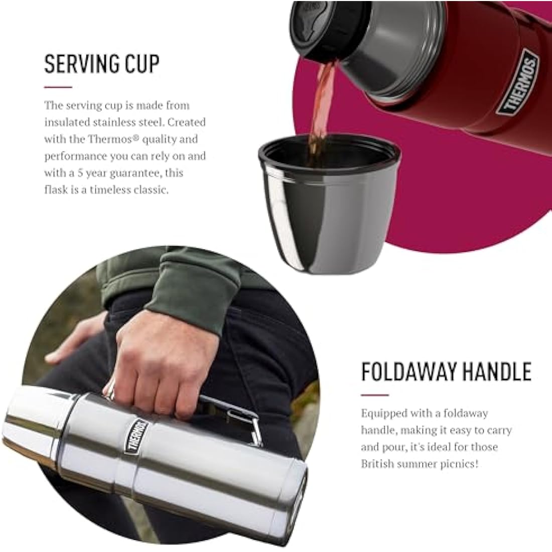 Thermos - Stainless King Raspberry Travel Flask (1.2L) - Premium Leak Proof Insulated Tea & Coffee Flask, Hot & Cold Drinks, Built-in Cup, Twist-Pour Stopper, BPA-Free, Durable Steel, Dishwasher Safe