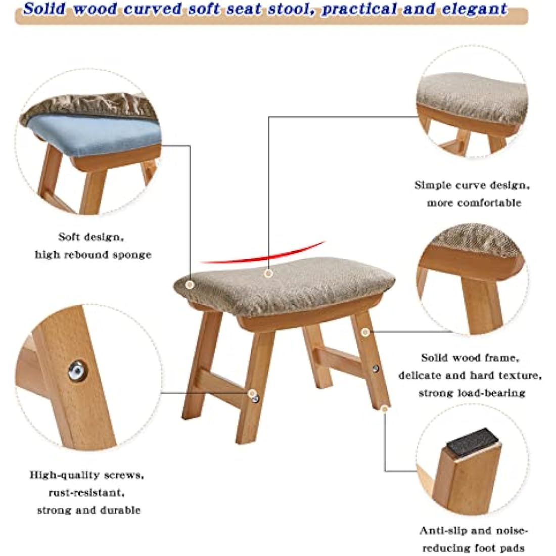 Aibiju Wooden Footstool, Foot Stool Ottoman Pouffe Padded Chair Stool with Removable Cover 4 Beech Legs Suitable for Bedroom, Living Room and Kitchen, (Natural leg + Beige cushion), YDEU-1358