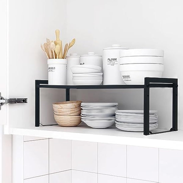 Goodsnetic Expandable Cabinet Shelf 13.8~26"(L), Stackable Kitchen Counter Organizer, 33LBS Heavy Duty Riser, Countertop Storage Pantry shelf, Durable Metal Sink Shelf (Black L)