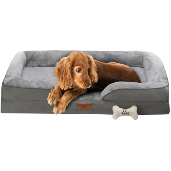 Fur & Bone Large Dog Bed (88 x 64 x 20 cm) – Dog Bed with Soft Cushion, Orthopedic Dog Beds, Removable Plush Velvet Cover, Waterproof Layer, Non-Skid Bottom - Supports Better Sleeping Positions