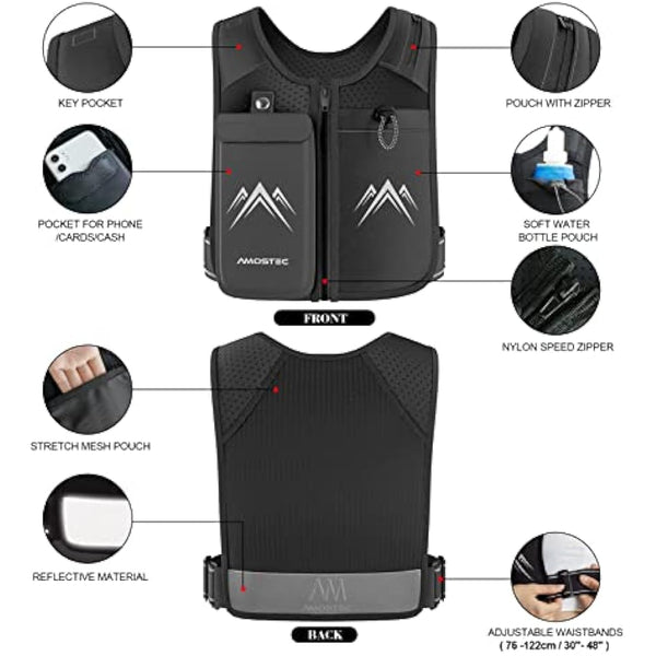AMOSTEC Running Phone Holder Vest, Original Zip Front Reflective Running Vests with 500ml Hydration Bottle, 5 Pockets for Cards, Keys, Towels, Adjustable Waistband & Breathable Materials, Men & Women