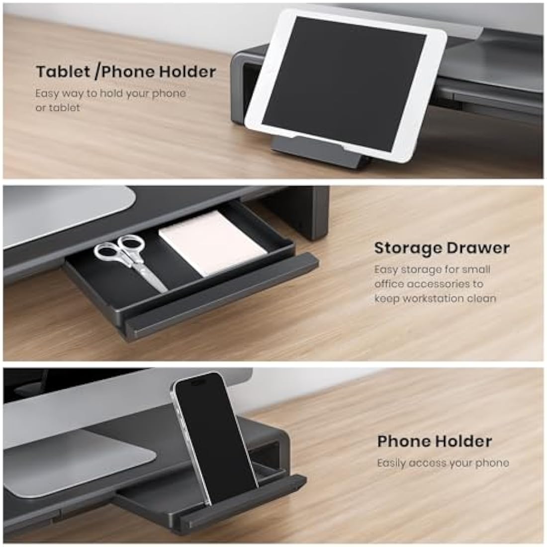 Foldable Monitor Stand - Klearlook Computer Monitor Riser with Storage Drawer&Tablet Phone Stand| Width Adjustable Monitor Stands for Desks| Desk Shelf Riser for Computer, Desktop, Laptop| Black