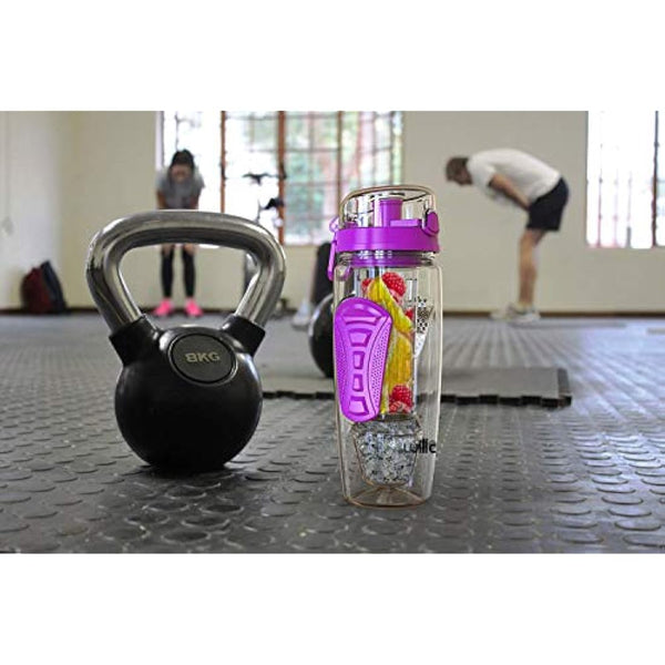 Fruit Infuser Water Bottle 32oz Durable with Detachable Ice Gel Ball,Large - BPA Free Tritan, Flip Lid, Leak Proof Design - Sports, Camping (Purple)