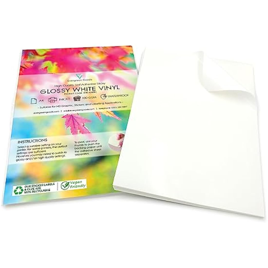 Evergreen Goods 100 Sheets A4 Glossy White Printable Sticker Vinyl, Waterproof Self-Adhesive Label Paper for Inkjet & Laser Printers, Perfect for Custom Labels, Kids’ Stickers & DIY Crafts