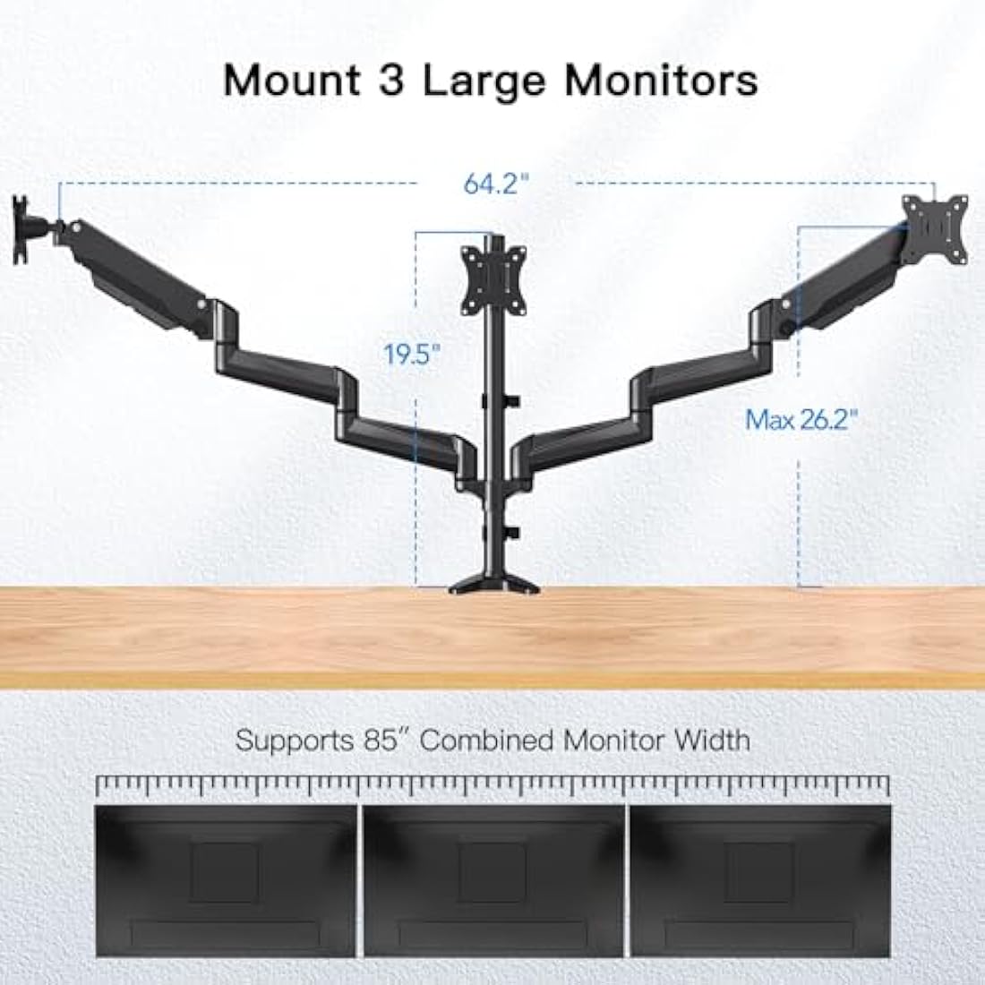 HUANUO Triple Monitor Stand Desk Mount for 17-32 Inch Screens, Adjustable Arms With Tilt, Swivel, 2 Mounting Bases, Each Arm Holds up to 8KG, VESA 75x75 100x100