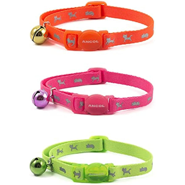 Ancol Hi-Vis Safety Kitten Collar Neon Pink Reflective Adjustable Break Away Buckle Light Bell Low Light Visibility Pet Safety Neckband One Size