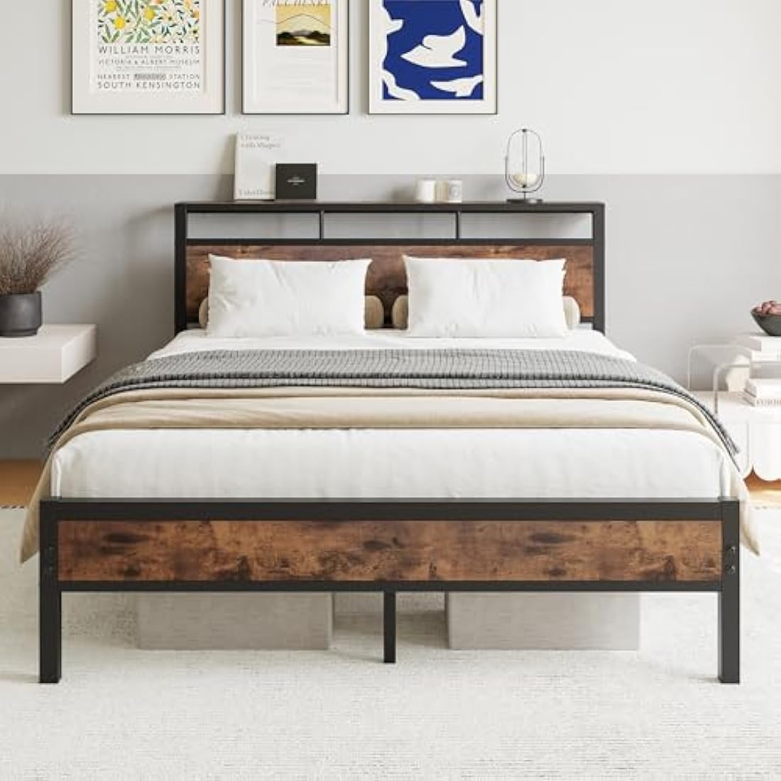 JELUTE King Bed Frame with Wooden Storage Shelf Headboard, Metal Platform Bed Frame, No Box Spring Needed, Noise Free, Reinforced Strong Support Leg, Black