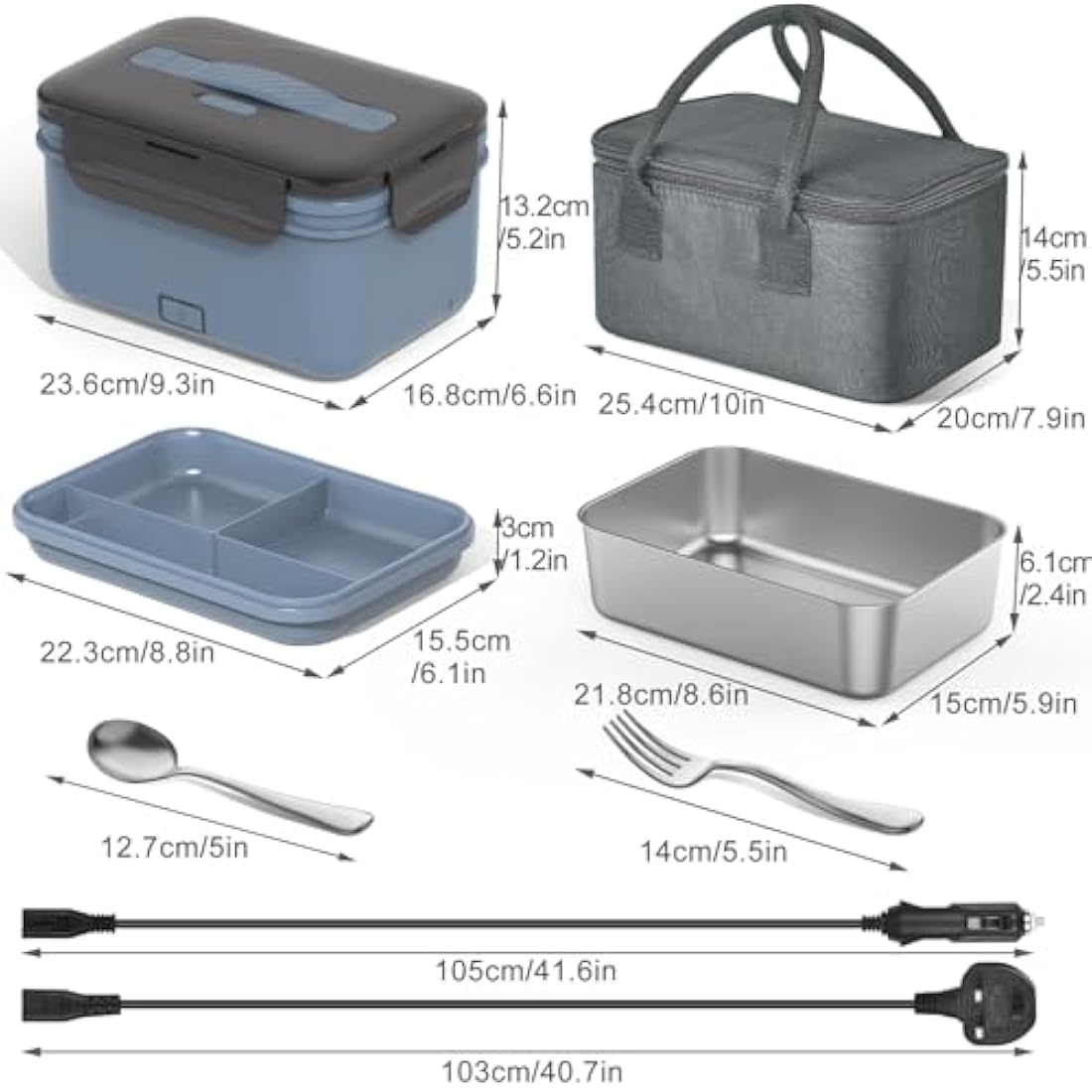 Herrfilk 100W Electric Lunch Box Adults, 1.8L Thermal Lunch Box with Compartments, Heated Lunchbox with 230V Home/Office & 12V 24V Car/Truck Cables, Insulated Lunch Bag, Spoon and Fork, Dark Blue