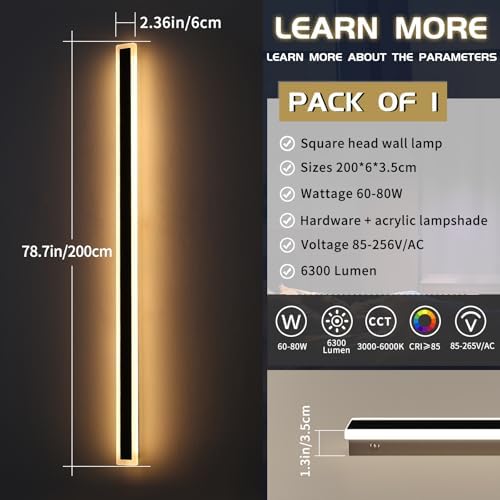 Mikeru 200CM Outdoor Wall Lights, Matt Black Dimmable LED Garage Lamp External 10% to 100% 3 Color 3000K/4500K/6000K Front Door Lighting with IP65 Waterproof Drive for Fences, Stairs