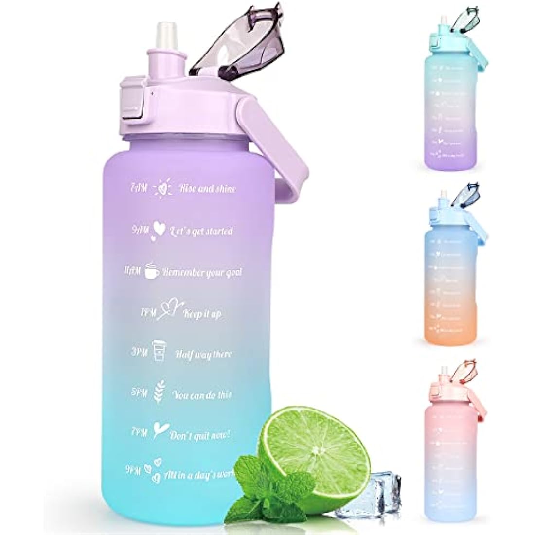 Water Bottle 2L BPA Free Sport Drinks Jug with Time Marking & Lock Cover, Leak Proof 2 Liters Water Bottle with Portable Handle, Purple Water Canteen Bottle