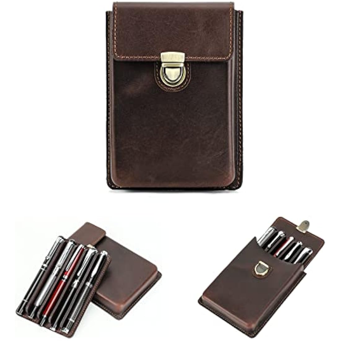 Hiram Leather Pen Case for 5 Pens Portable Genuine Leather Fountain Pens Storage Case with Secured Brass Lock Closure and Type Removable Pen Tray Design (Coffee)