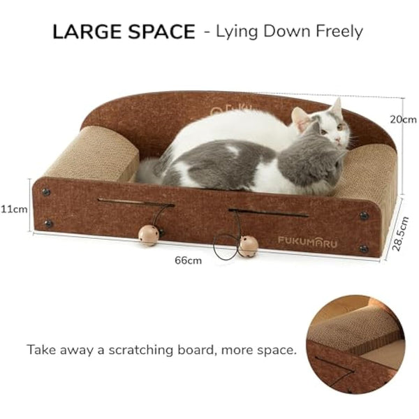 FUKUMARU Cat Scratcher Lounge - 66cm Long Durable Cardboard Lounger with 2 Reversible Pads, Recyclable, Bell Ball Toy