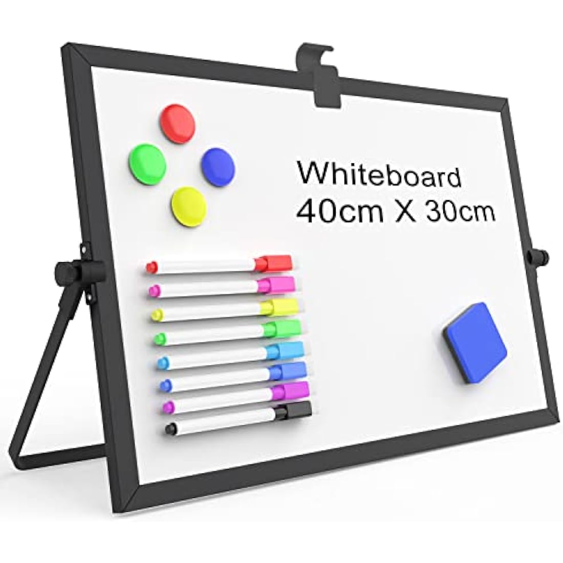 OWill Black Dry Erase Whiteboard, 30 X 40 cm Magnetic Desktop Whiteboard with Stand, A3 Small White Board with 8 Pens, Portable Double-Sided White Board Easel for Drawing School Supplies