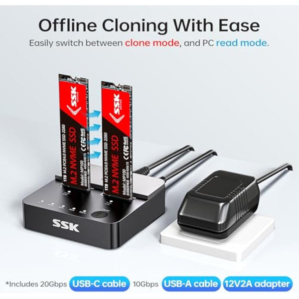 SSK M.2 NVMe SSD Cloner, Dual Bay Enclosure, Tool-Free 20Gbps USB3.2 Gen 2X2 Docking Station for M Key PCIe NVMe SSD Reader, Offline Clone