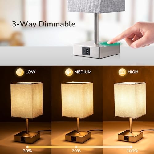 EDISHINE Bedside Lamps Set of 2, 3 Way Dimmable Table Lamp with USB A+C Charging Ports, Touch Lamps for Bedroom, Living Room, Grey (LED Bulbs Included)