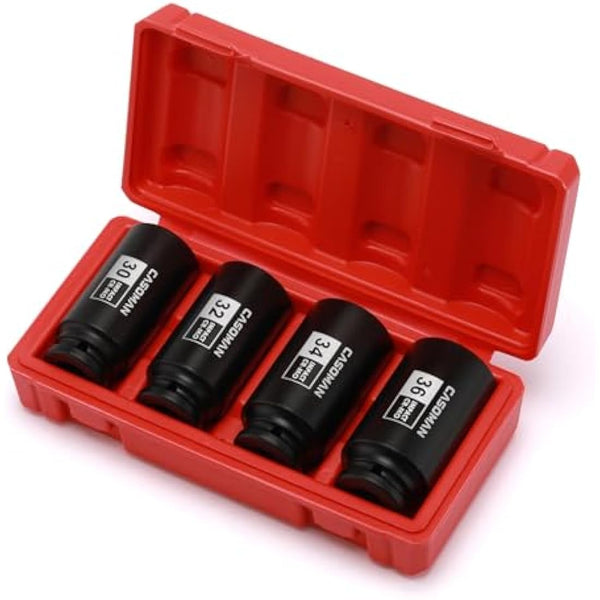 CASOMAN 4 Pieces 1/2" Dr. Heavy Duty Impact Socket Set, 12-Point, Metric, CR-MO, 30,32,34,36mm, 1/2-Inch Drive Deep Spindle Axle Nut Impact Socket Set