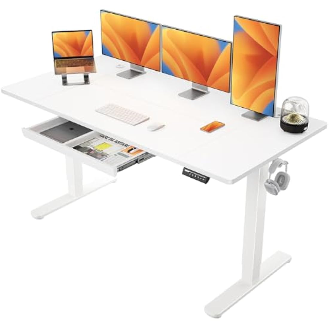 ErGear Electric Standing Desk 160 x 80 cm, Height Adjustable Desk, Sit Stand Table with Easy-Glide Drawer & 4 Memory Smart Pannal, T-Leg Design for Stability, Splice Board, White Frame & Surface