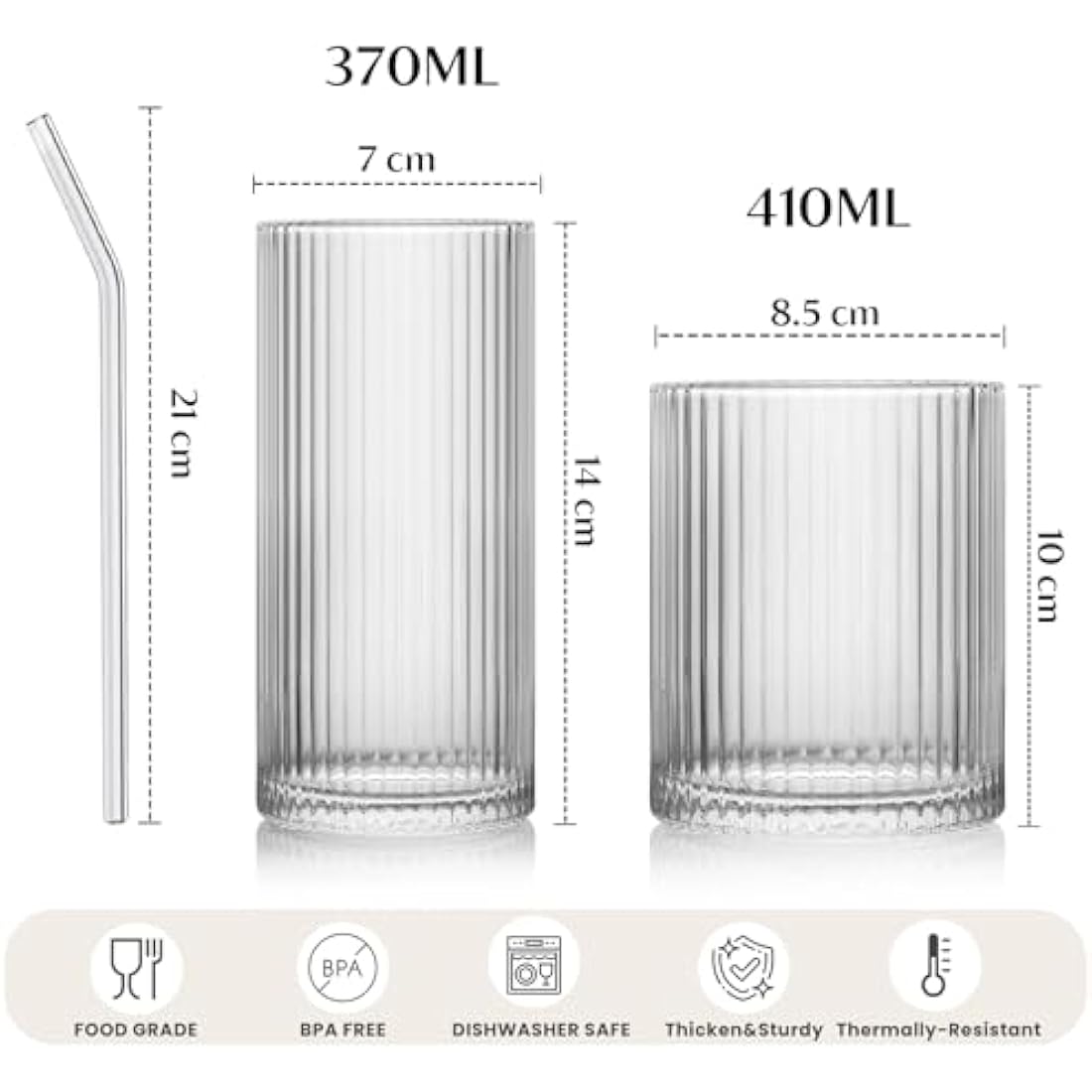 INSETLAN 8 Piece Ribbed Glassware - 4 Highball Glasses 12 oz, 4 Rocks Glass Cups 14 oz, Vintage Cocktail Drinking Glasses, Ideal for Wine, Juice, Water, Ice Coffee Cup, Whiskey, Mixed Drinkware