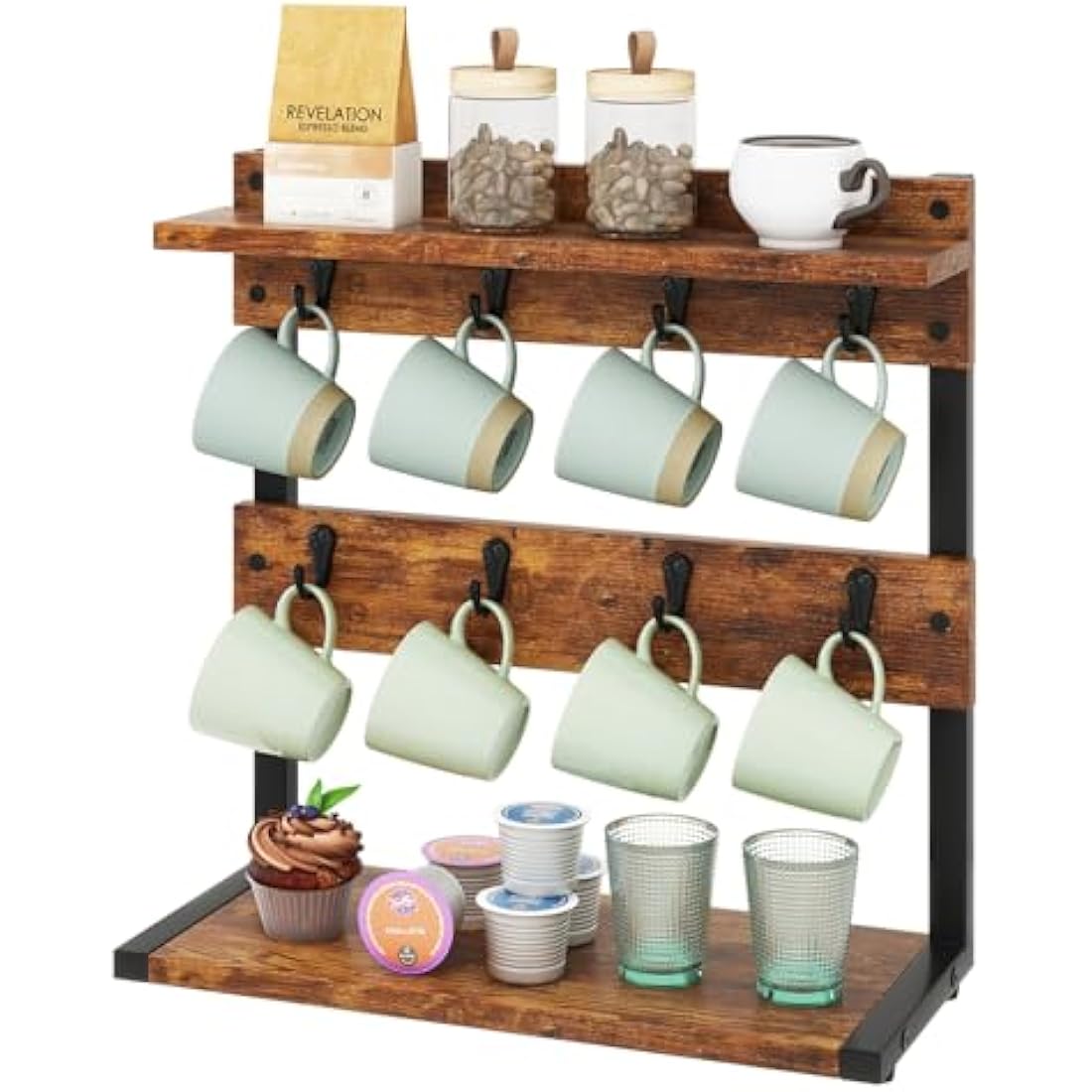 IBUYKE Rustic Coffee Mug Holder Stand, 2 Tier Countertop Mug Tree Holder Rack with Storage Base, Vintage Mug Holders for Kitchen, Holds 8 Mugs, Rustic Brown TBJ002H