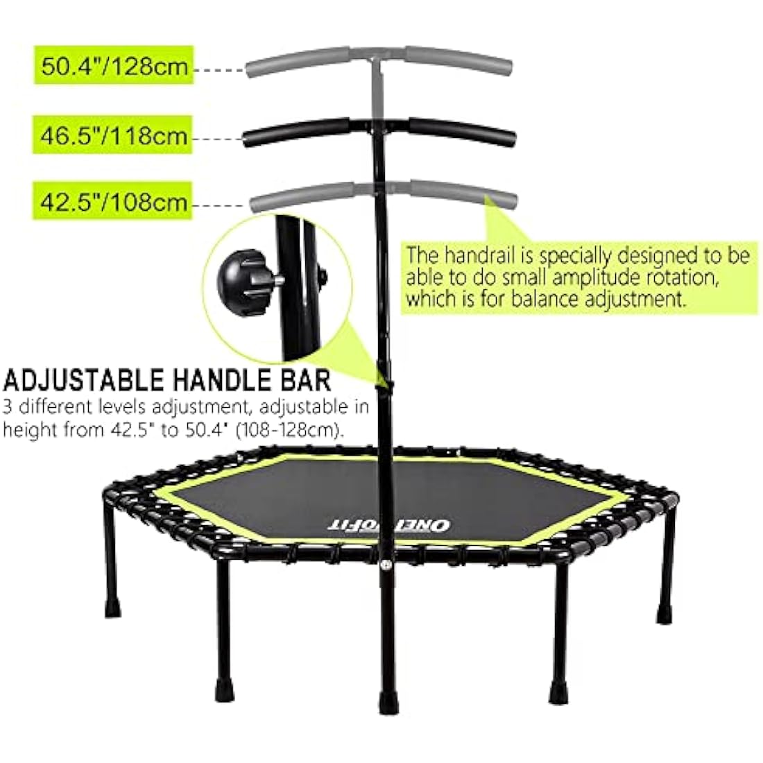 ONETWOFIT 45"/48"/51" Silent Mini Fitness Trampoline with Adjustable Handle Bar Fitness Trampoline Bungee Rebounder Jumping Cardio Trainer Workout for Adults or Kids